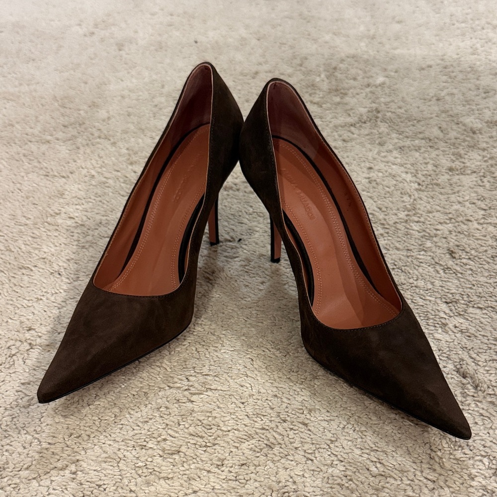 Amina Muaddi Dark Brown Suede Heels